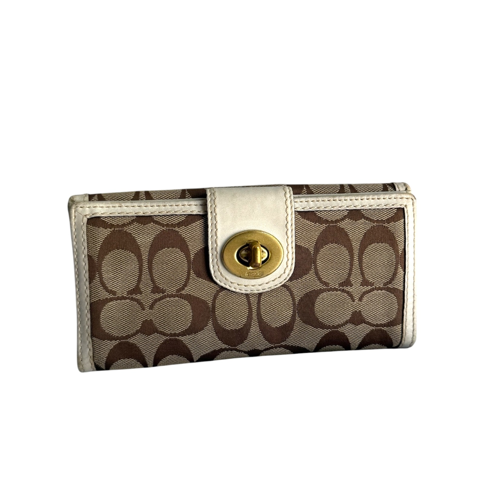 Vintage Coach 43609 Turnlock Signature Khaki Slim Envelope Wallet White Leather